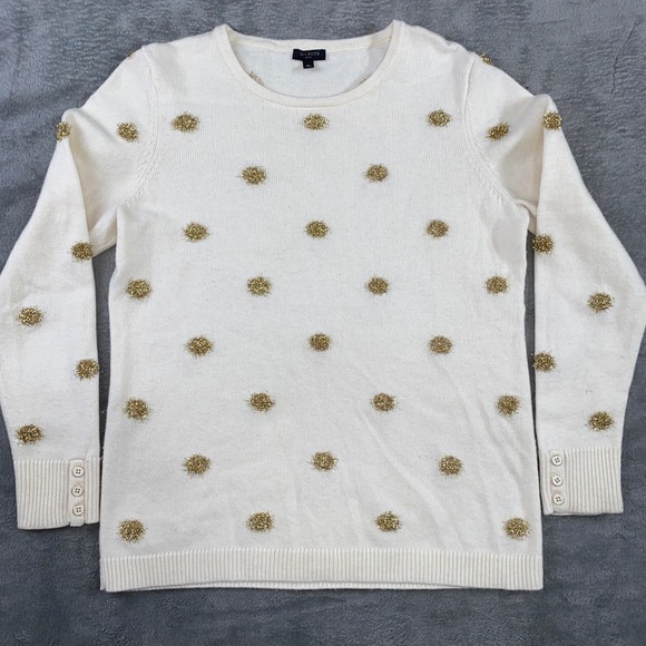 Talbots Wool Blend Sweater MP Petite Cream Gold Embellished CrewNeck Long Sleeve - Picture 1 of 13